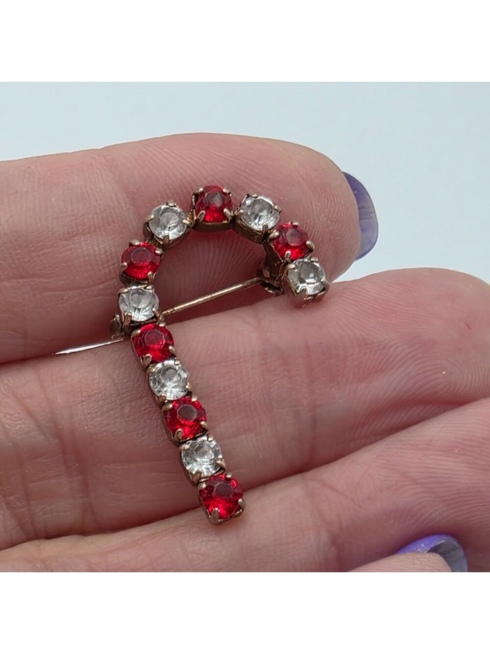 Vintage Red & Clear Rhinestone Candy Cane Shaped Pin Brooch Gold-Tone Holiday